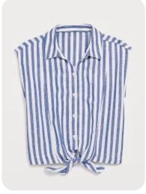 Old Navy Blue & White Vertical Stripe Tie-Front Crop Shirt